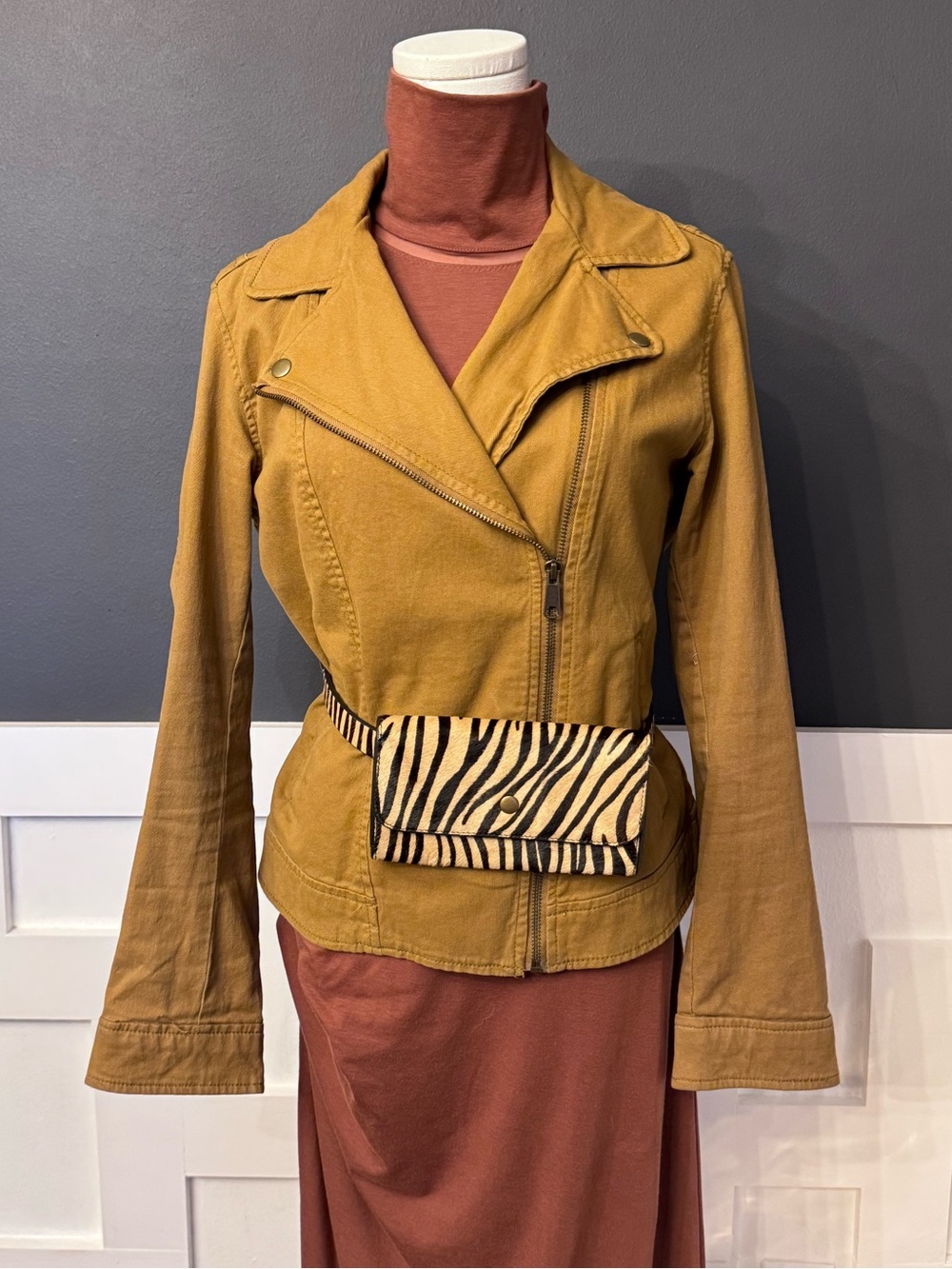 Caramel Cotton twill  Moto Jacket with Asymmetric Zip